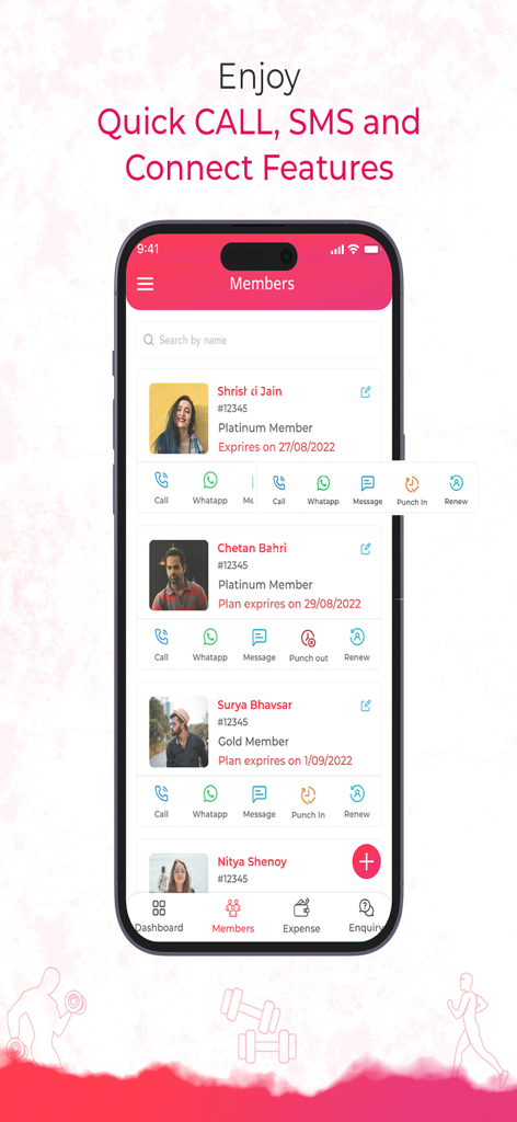 FitnessMaa: Gym Management App - FitnessMaaアプリ。電話やWhatsAppなどのクイック連絡オプション付きのジム会員リストを表示。