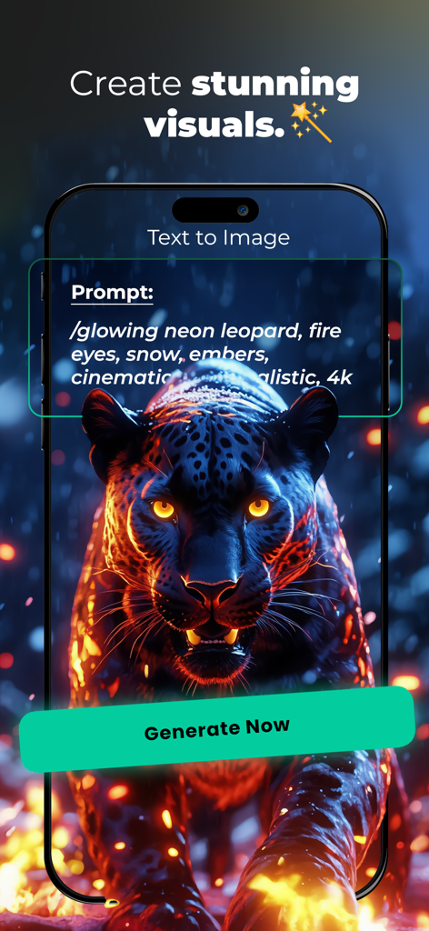Wiro AI app interface showing a neon leopard generated from a text prompt