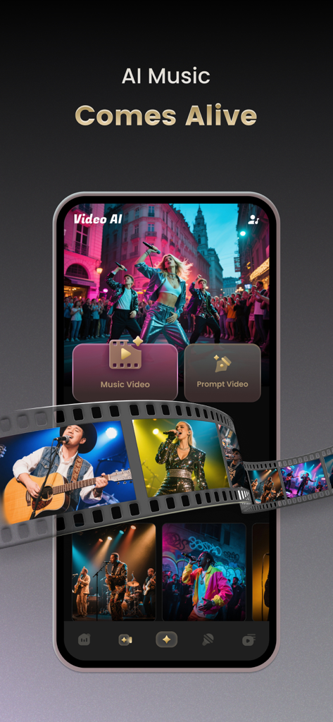 Music AIアプリのインターフェースで、ミュージックビデオやプロンプトビデオ生成のオプションと、歌手やミュージシャンのフィルムストリップを表示