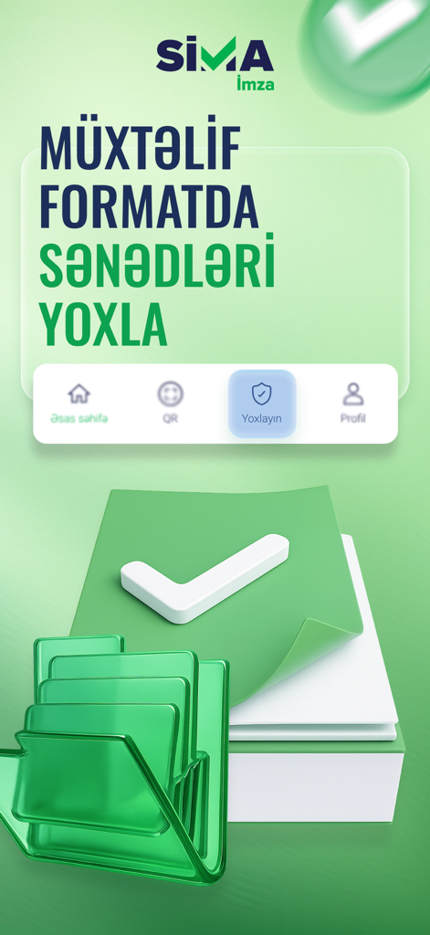 Schermata della funzione di verifica documenti dell'app mobile SİMA con grafica di cartella 3D e segno di spunta.