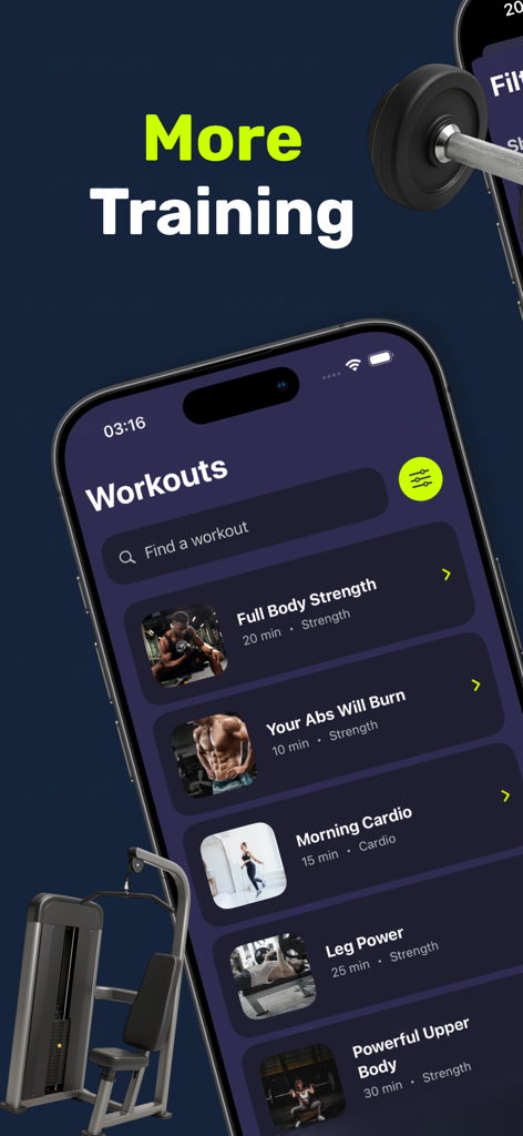 FitTrack Pro - Pantalla de selección de ejercicios de la aplicación FitTrack Pro que muestra varios programas de entrenamiento como Fuerza de Cuerpo Completo y Cardio Matutino.
