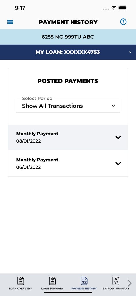 Carrington Mobile - Schermata della cronologia dei pagamenti dell'app Carrington Mobile che mostra i pagamenti del mutuo registrati