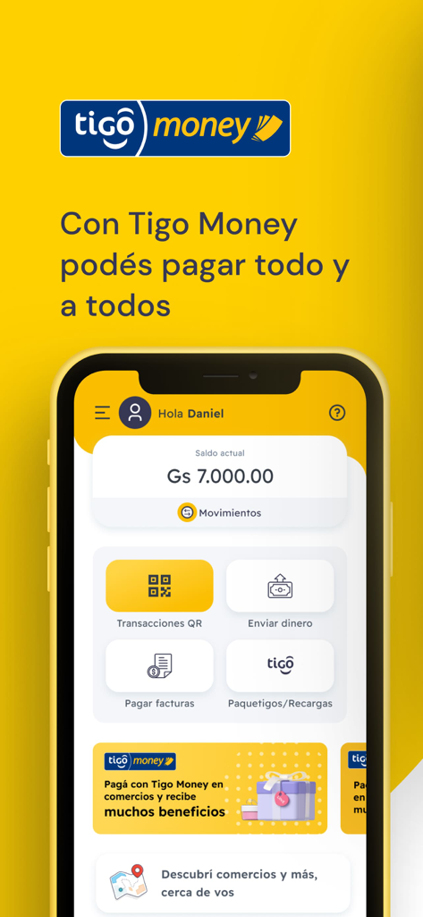 Billetera Tigo Money Paraguay - Tigo Money Paraguay mobile App-Dashboard mit Kontostand und Optionen für Finanzdienstleistungen wie Rechnungszahlung und Geldüberweisung