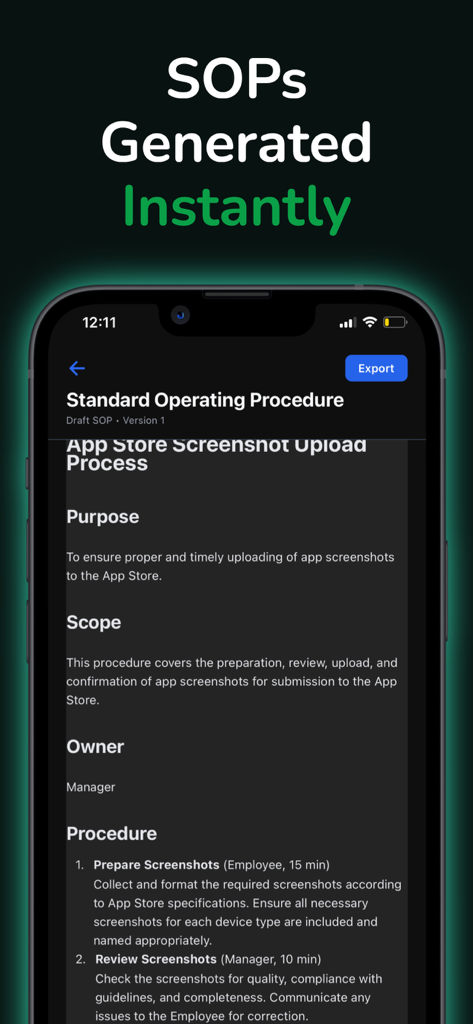 SOPmate: SOP Generator - Uma tela móvel mostrando um procedimento operacional padrão profissional gerado instantaneamente no aplicativo SOPmate