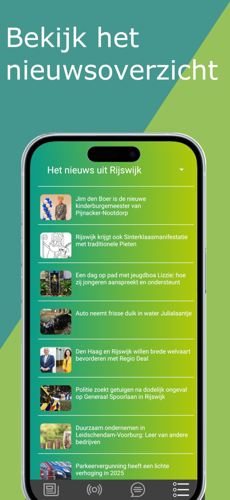 Feel Good Radio - Nieuws&Radio - Una pantalla de aplicación móvil que muestra una lista de titulares de noticias locales de la región de Rijswijk en la aplicación Feel Good Radio
