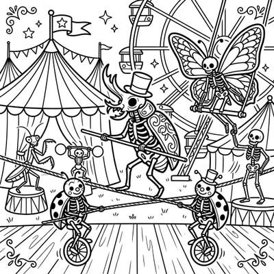 Enter a whimsical world where insect skeletons take center stage at a thrilling carnival! This unique coloring page offers intricate details of acrobatic bugs, festive tents, and classic fairground fun, promising hours of creative enjoyment.