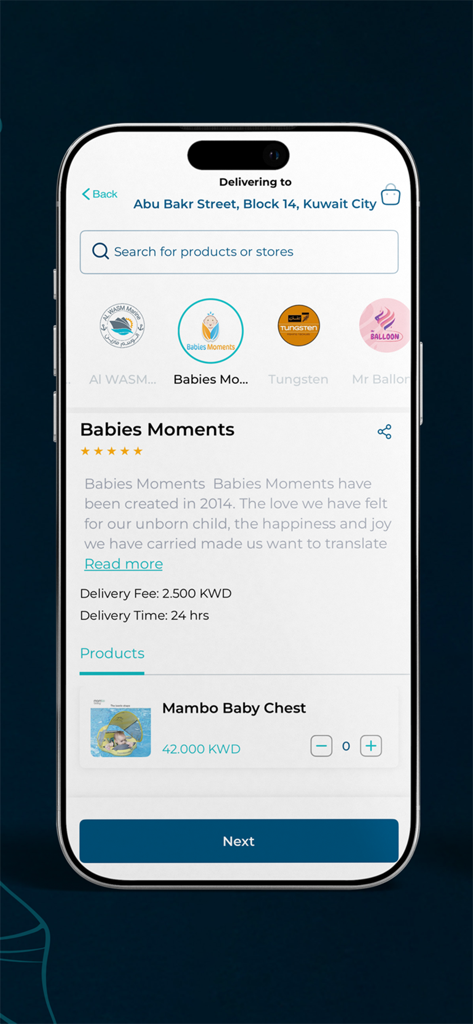 Waves app store page showing baby products and catering options for boat trips
