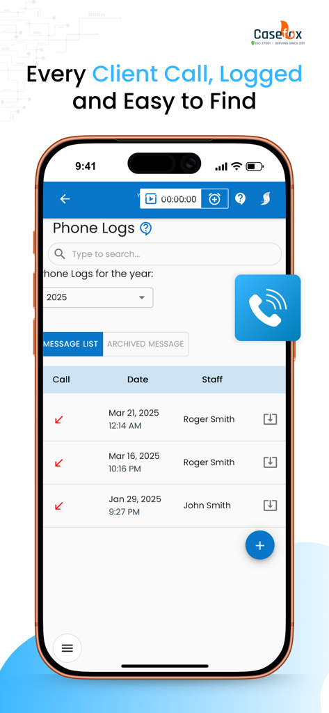 CaseFox - Interfaz de la aplicación móvil CaseFox para rastrear y registrar llamadas telefónicas de clientes para profesionales legales.