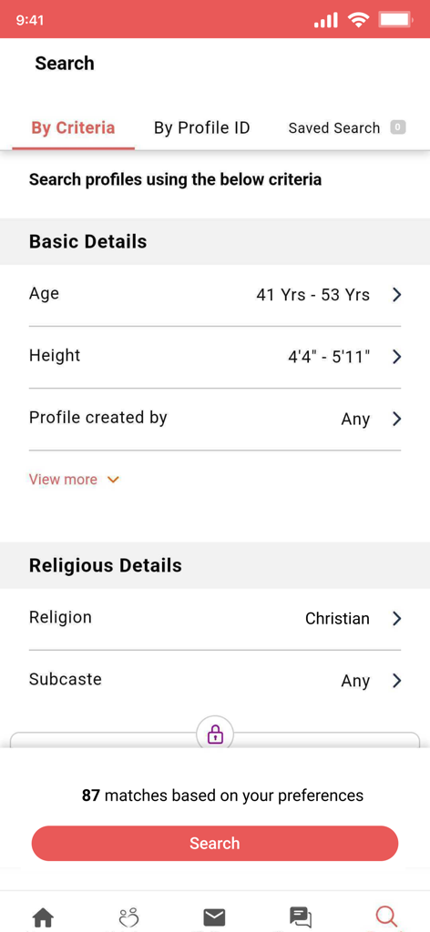 Search criteria screen in the ChristianMatrimony app showing filters for age height religion and subcaste
