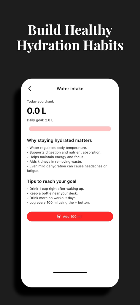 Madmuscles Fitness Gym Workout - Water intake tracking screen showing daily goal and hydration tips