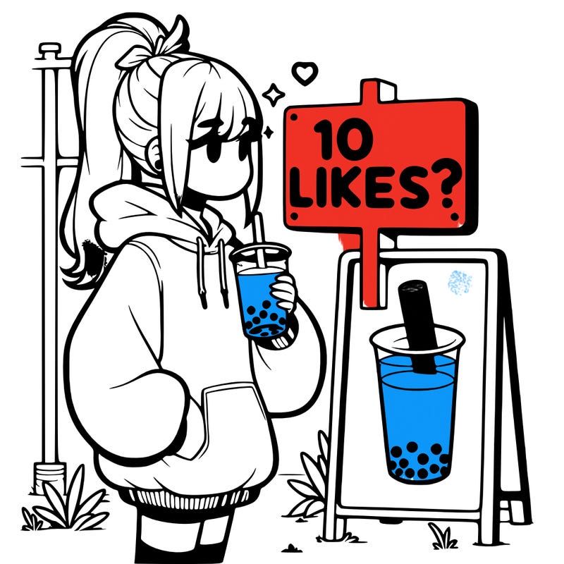 girl with oversized hoodie drinking boba and she has a high ponytail with a sign that says 10likes?