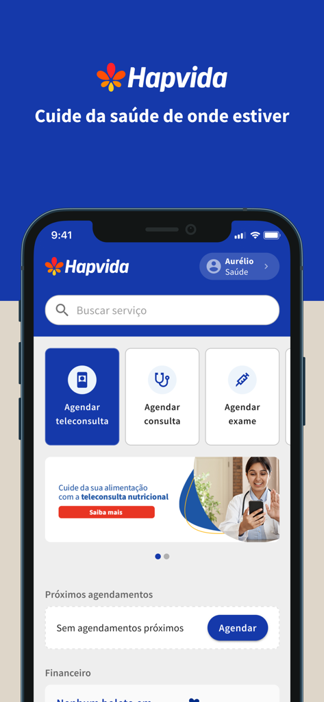 Hapvida Minas Gerais - Interface do aplicativo Hapvida Minas Gerais para agendamento de teleconsultas e exames médicos