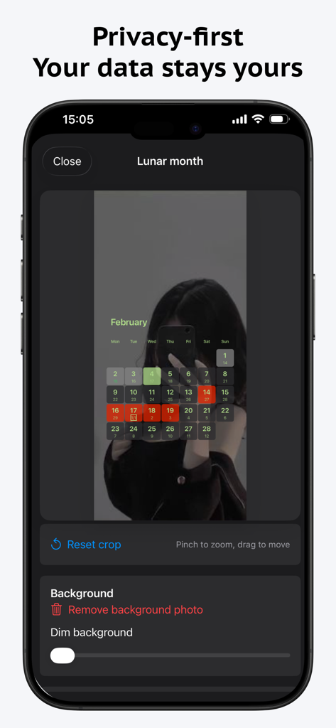 LockScreen Calendar Maker - iPhone screen displaying the LockScreen Calendar Maker app editor with a privacy focus and photo background customization tools