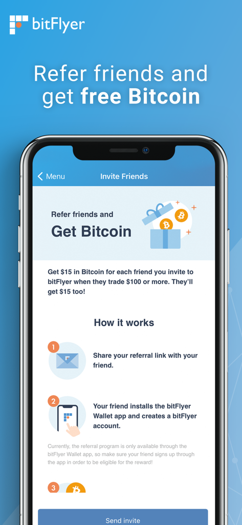 bitFlyer Crypto Exchange - A mobile screen from the bitFlyer app explaining how to refer friends to earn free Bitcoin rewards.