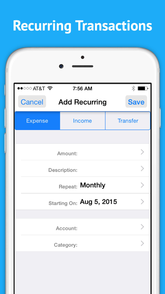 Setup screen for recurring monthly expenses in the Checkbook Ledger app.
