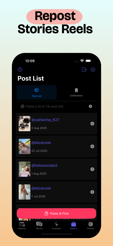 Reports+ Unfollowers Tracker - Interfaccia dell'app Reports+ Unfollowers Tracker che mostra la funzione di ripubblicazione di storie e reel di Instagram