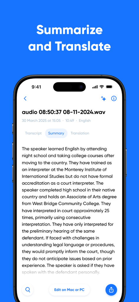 文字起こしされた音声録音のAI生成要約を示すスマートフォン。