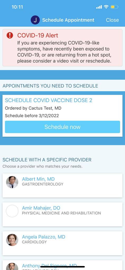 MyMountSinai mobile app interface for scheduling medical appointments with specific healthcare providers