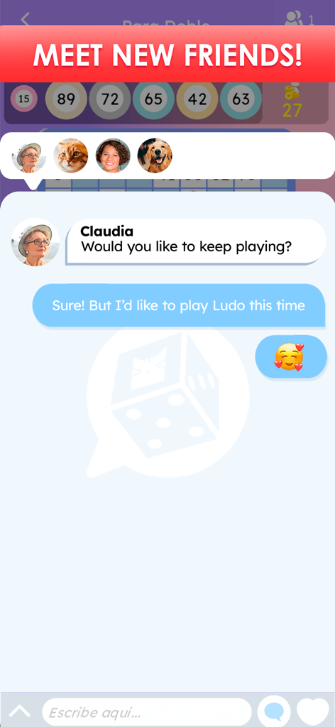 Lua Chat: Bingo, Ludo & Cards - A social chat interface within the Lua Chat app showing players messaging each other to choose between Bingo and Ludo games