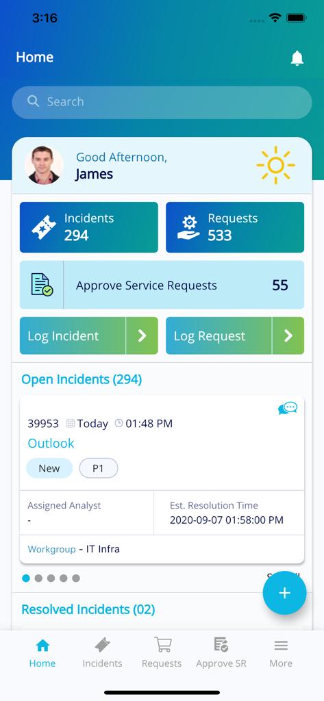 SymphonyAI Summit 앱 홈 화면, IT 사고 및 서비스 요청 횟수를 보여주는 사용자 대시보드 표시