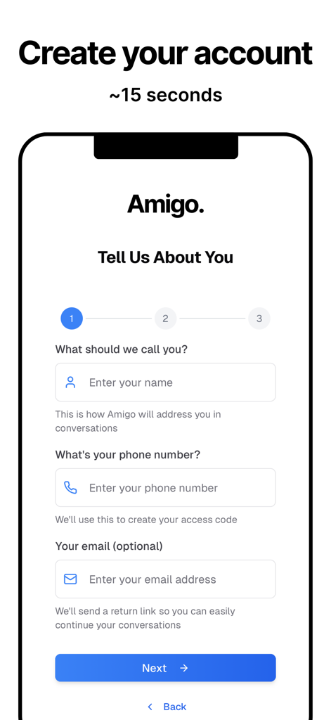 Amigo - Your AI Coach - Amigo AI Coach app account creation screen with fields for name, phone number, and email