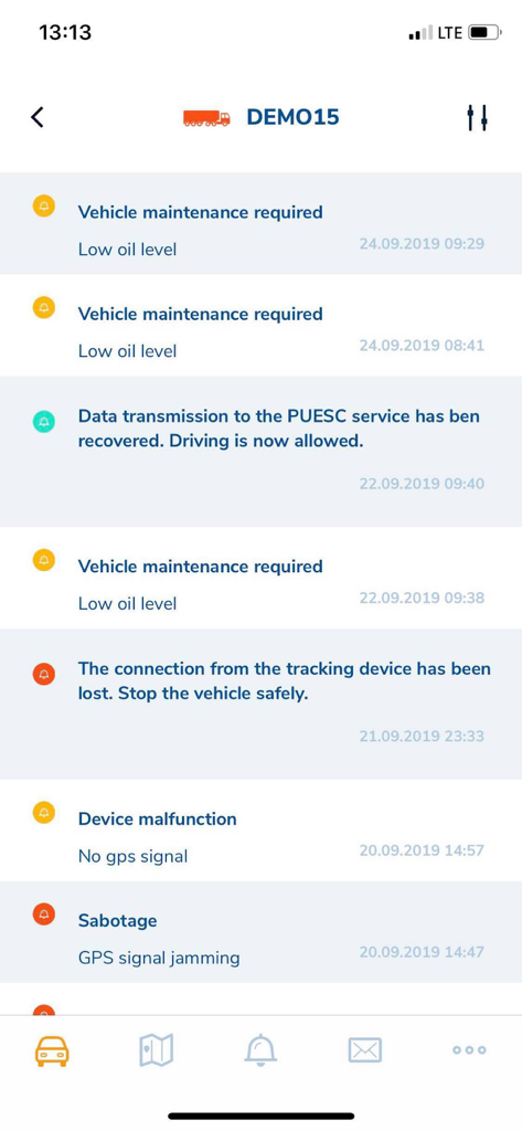 DBK Fleet Management app screen showing a list of vehicle alerts and maintenance notifications including low oil level and GPS signal status.