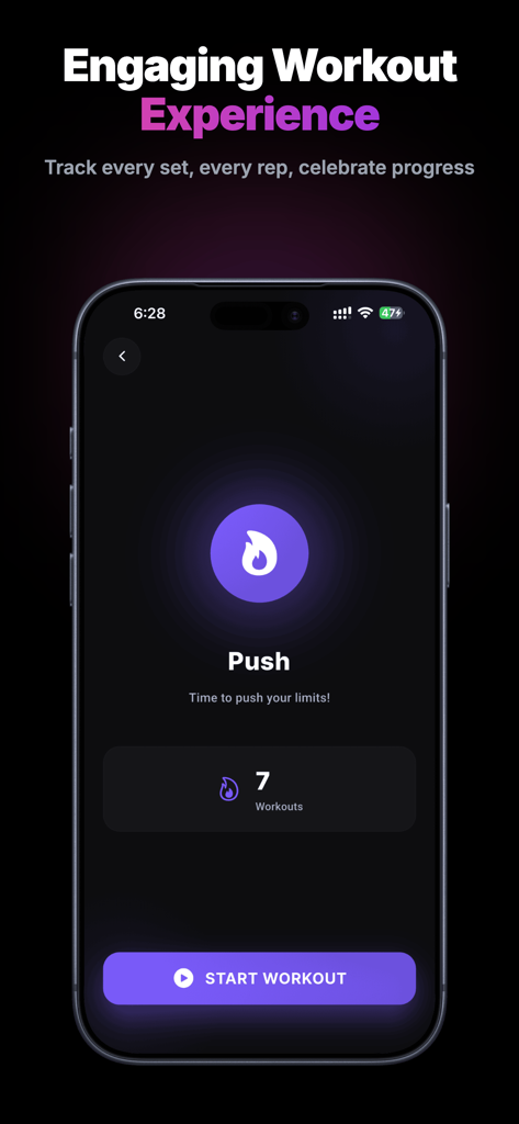 ProCoach: Fitness Coaching App - ProCoach mobile app interface showing a workout titled Push with a Start Workout button and tracking info.