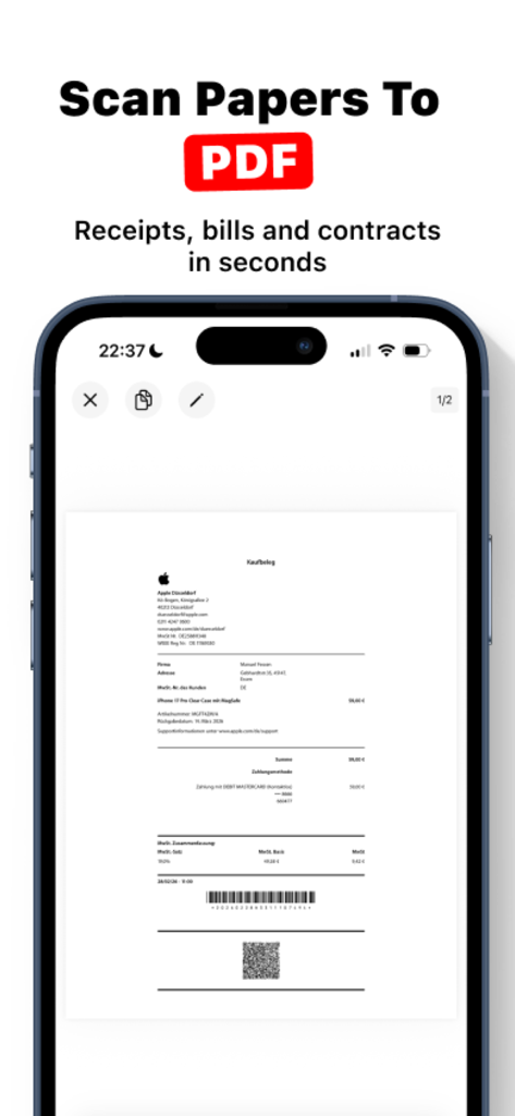 Fyle: PDF Scanner & Organizer - Fyle app scanning a receipt to create a PDF document on an iPhone