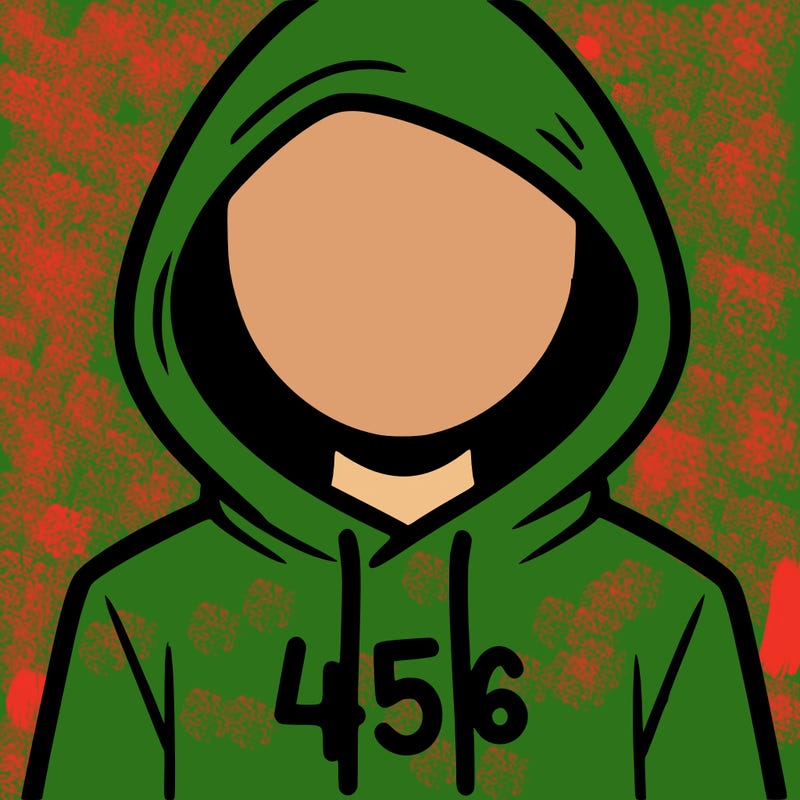 a person with non face waering a hoodie with a 456 symbol
