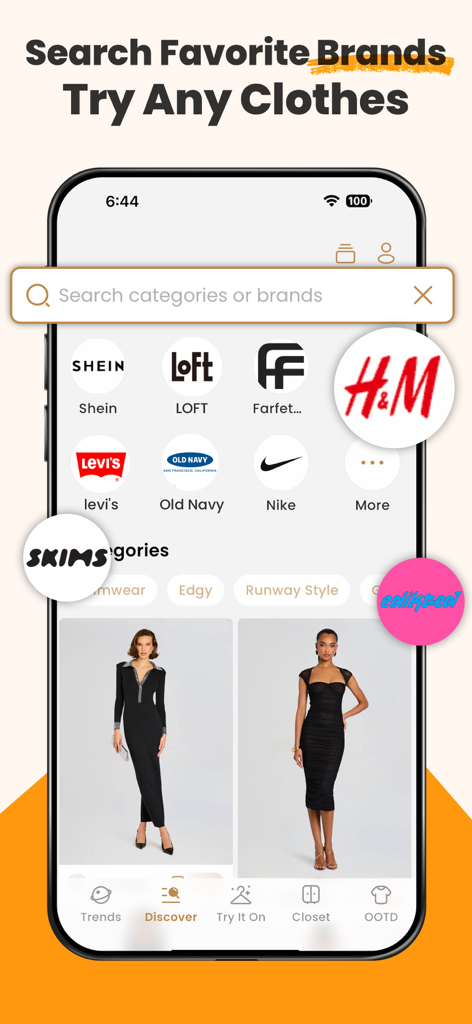 DLOOK: AI Fashion Stylist - DLOOK app search interface displaying popular fashion brand logos like H&M, Nike, and Levi's for virtual try-on.
