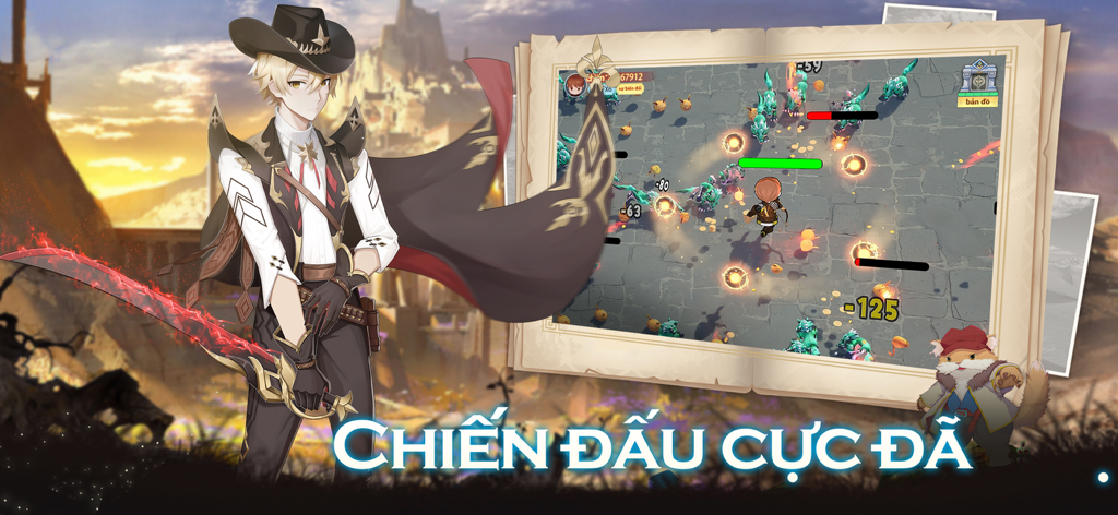 Vân Thành: Utopia - 光る赤い剣を持ったアニメスタイルの戦士が、ヴァン・タン・ユートピアのトップダウン戦闘を示すゲームプレイウィンドウの隣にいる