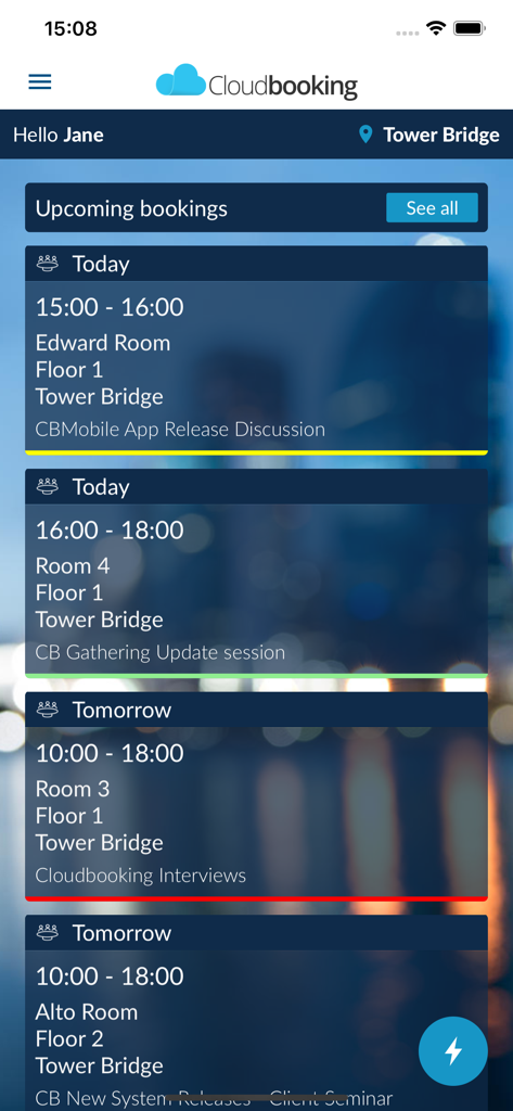 Interface de l'application Cloudbooking affichant les réservations de salles de réunion à venir