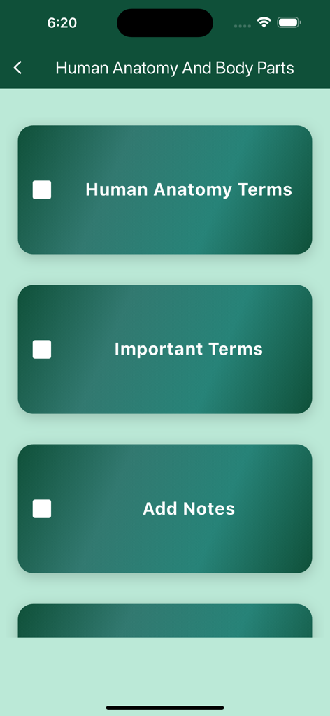 Human Anatomy And Body Parts - Main menu interface of the Human Anatomy and Body Parts app showing buttons for anatomy terms and note taking options