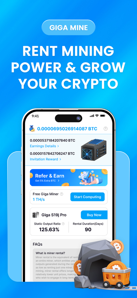 Giga Miner: Bitcoin Mining - Giga Miner app interface displaying bitcoin earnings and cloud mining rental options