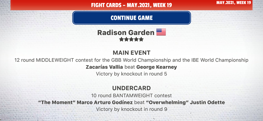 Boxing match results screen showing a main event world championship victory by knockout in the LEATHER management simulation.