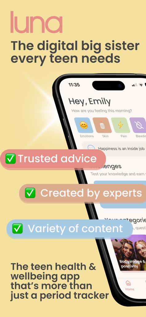 luna: teen health & period app - Interfaccia dell'app Luna per la salute delle adolescenti e il monitoraggio del ciclo mestruale con consigli esperti sul benessere