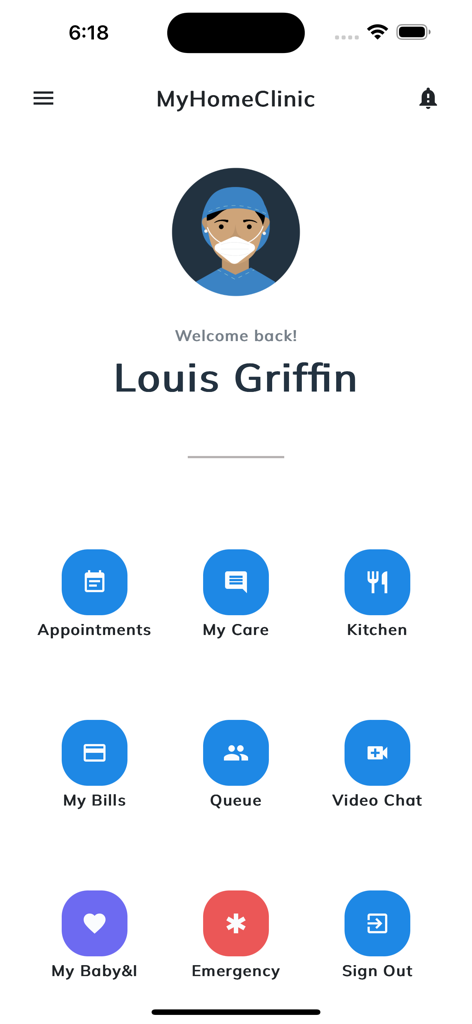 Main dashboard of My Home Clinic app showing healthcare menu icons