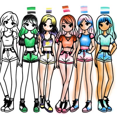 a group of girls wearing crop tops and shorts