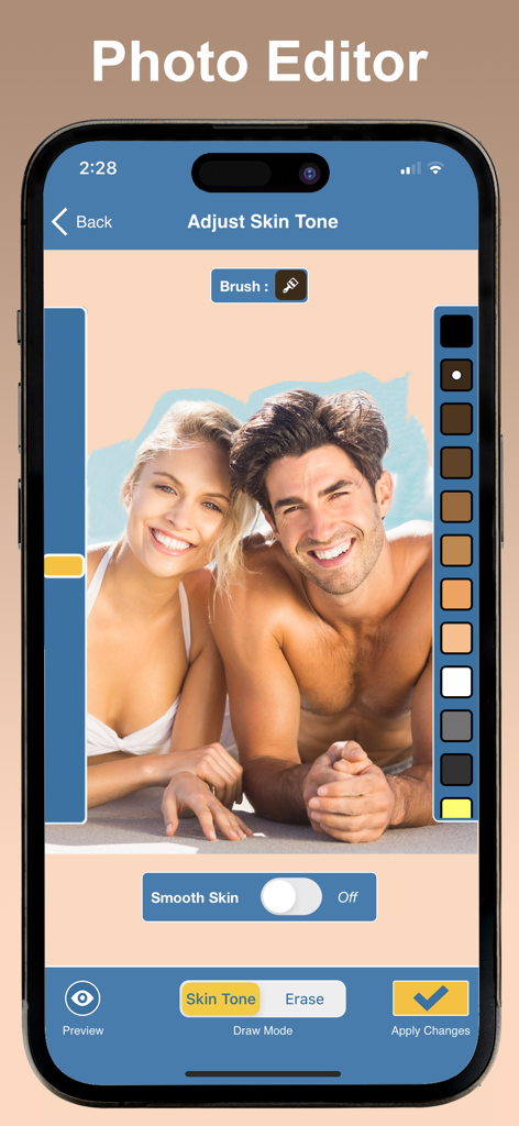 Skin Tone Booth - Face & Body - Interface of the Skin Tone Booth app showing a photo of a couple on a beach with tools to adjust and smooth skin tone