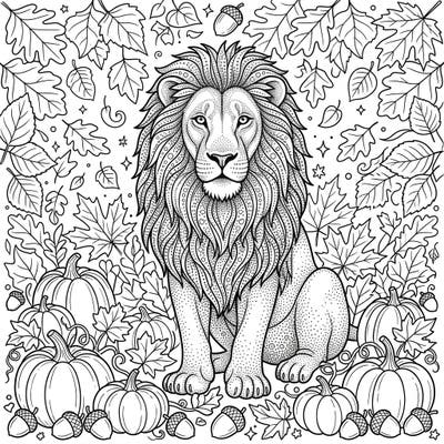 Embrace the beauty of fall with this unique coloring page featuring a majestic dot work lion. Explore an autumn wonderland filled with intricately detailed leaves, pumpkins, and acorns.