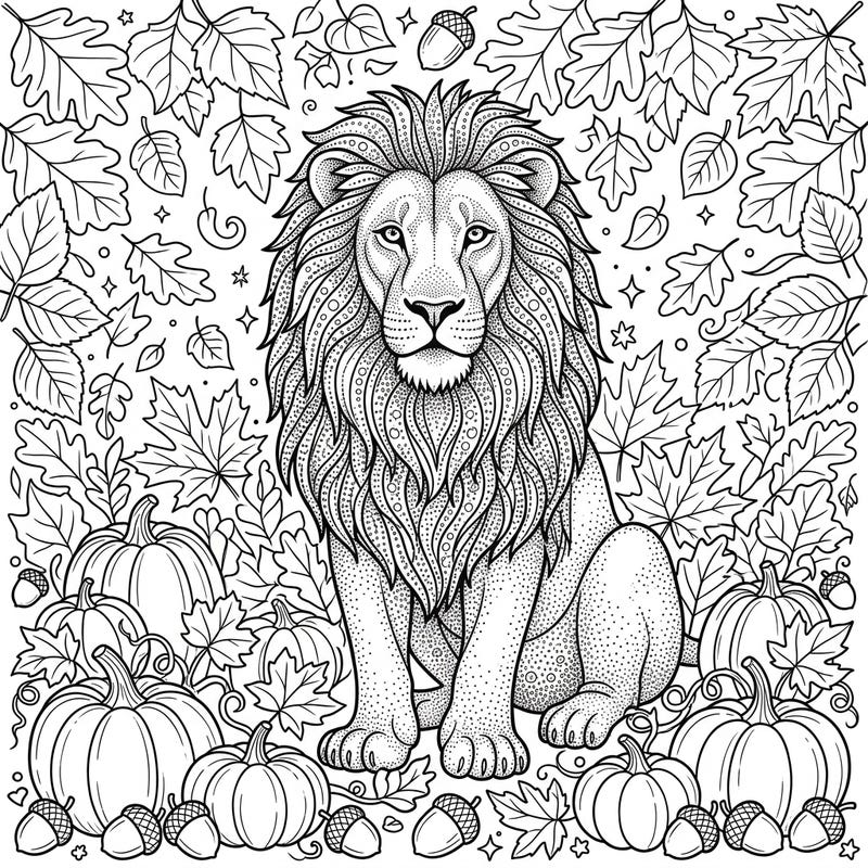 Embrace the beauty of fall with this unique coloring page featuring a majestic dot work lion. Explore an autumn wonderland filled with intricately detailed leaves, pumpkins, and acorns.