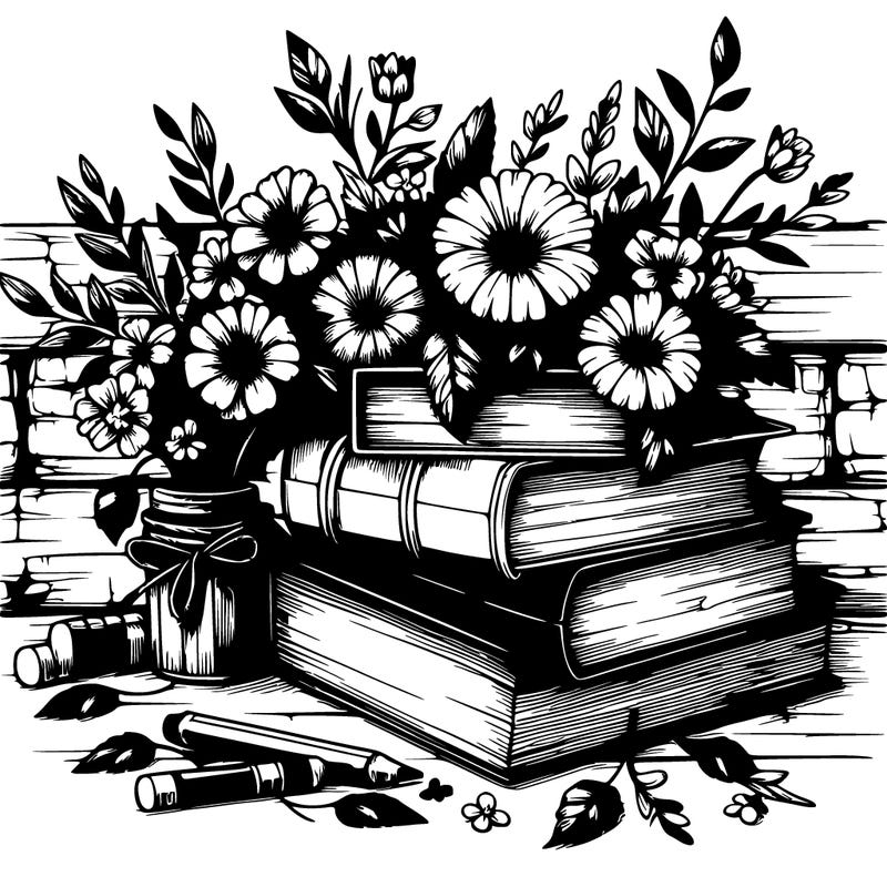 rustic books and flowers realistic