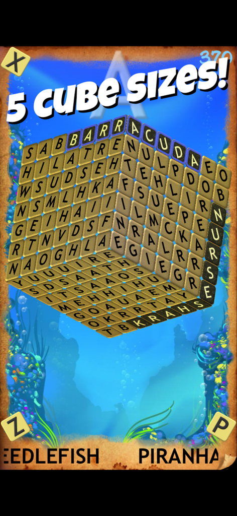 水中テーマのレベルにある大きな3D回転ワードサーチキューブ