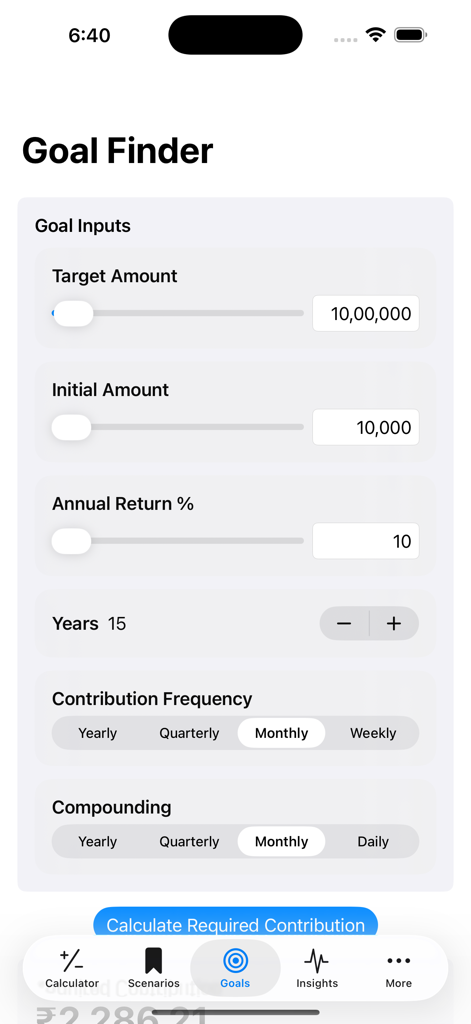 Compound Interest Calculator ・ - Una interfaz móvil de la función Buscador de Metas que muestra controles deslizantes para la cantidad objetivo, cantidad inicial y configuraciones de rendimiento anual