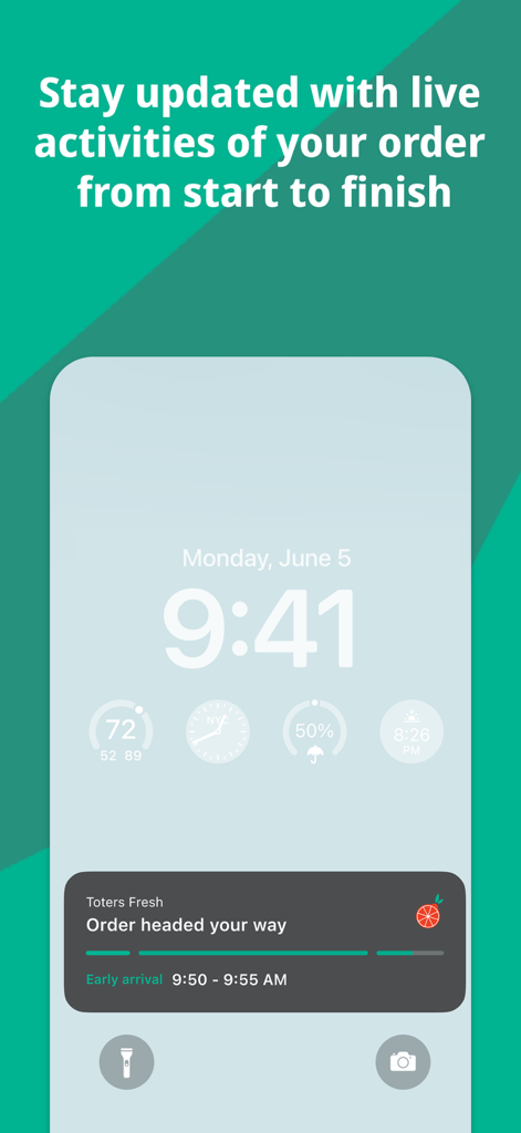 Real-time Toters order tracking notification on a mobile lock screen