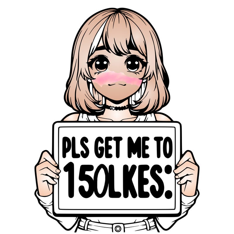 realistic girl holding up a sign that says “pls get me to 15 likes!”
