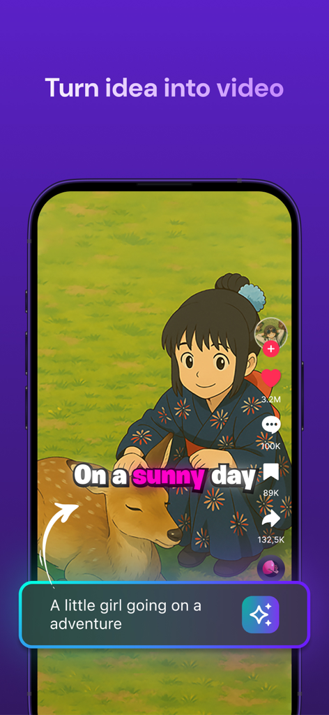 Zeemo:AI Video & Caption Tool - Interfaz de la app Zeemo demostrando la generación de vídeo estilo anime por IA a partir de una indicación de texto para redes sociales.