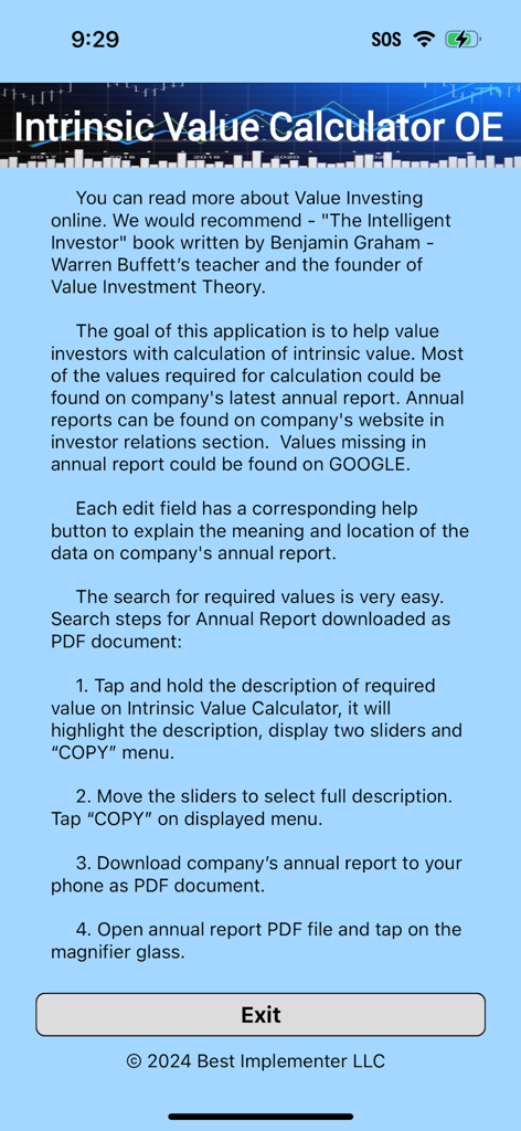 Intrinsic Value Calculator OE - Pantalla de instrucciones para la aplicación Calculadora de Valor Intrínseco OE que explica la inversión en valor y los pasos de recuperación de datos.