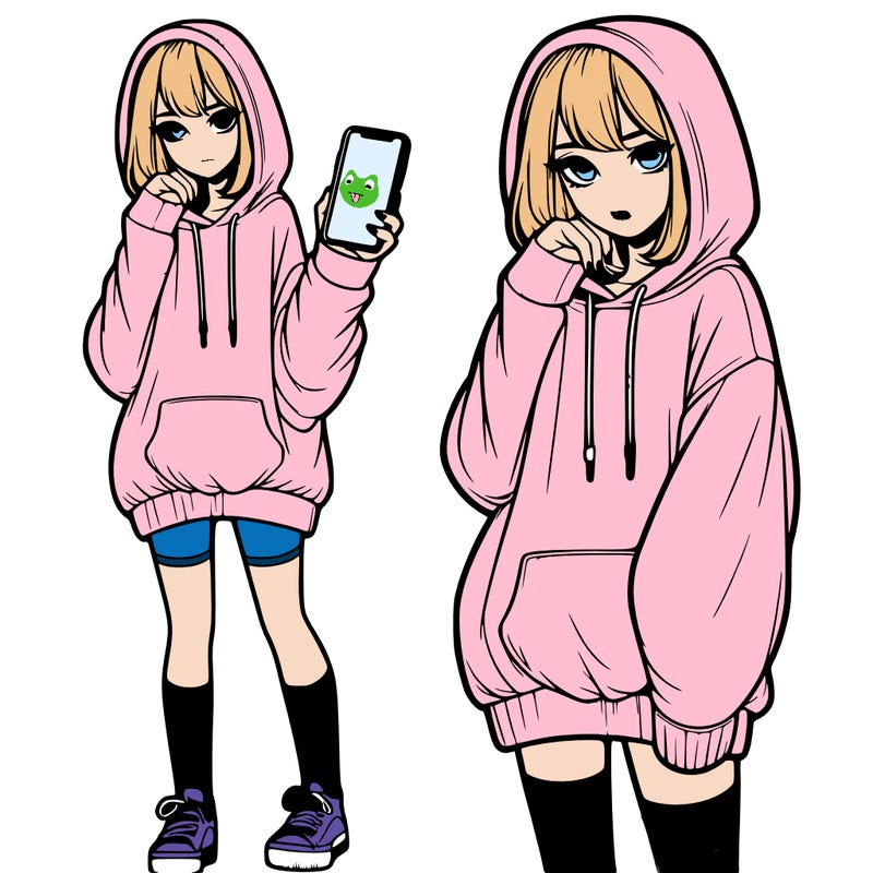realistic girl who looks tired and is wearing an oversized hoodie and knee high socks and is holding a phone