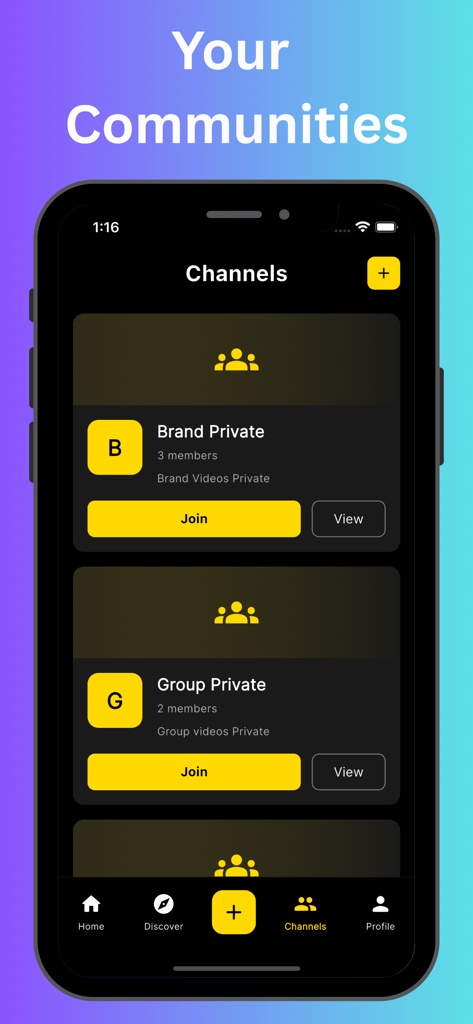 A smartphone screen displaying the communities and channels feature of the Vyro social networking app.